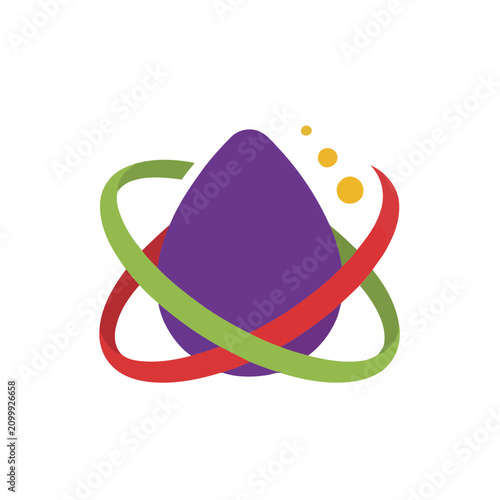Abstract purple shape with orbiting rings and dots