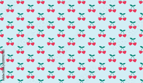 Bild auf Leinwand Seamless pattern with cute heart-shaped cherries on a light blue background, perfect for baby, fabric, stationery, or spring-themed designs