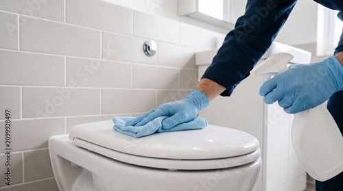 Professional cleaner wiping a toilet seat with a microfiber cloth and spray bottle in a modern bathroom