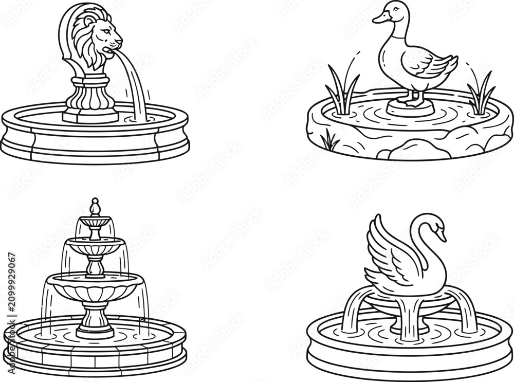 Obraz premium A collection of four distinct garden water fountain illustrations rendered in a clean black and white line art