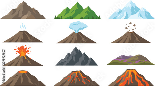 Obraz na płótnie Mountain and volcano vector icon set featuring erupting lava, smoke, rocks, snow peaks, and green nature hills for landscape designs