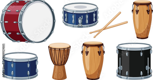 Quadro em tela Musical drum vector icon set featuring bass drum, snare, conga, djembe, tom-tom, and wooden drumsticks for concert and percussion designs
