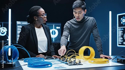 Diverse Professionals Analyzing Data at High-Tech Workstation Surrounded by Colorful Wires in a Futuristic Environment