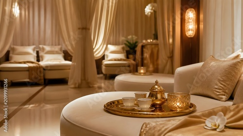 Luxury spa treatment room, golden tea set and relaxing atmosphere, wellness and hospitality background