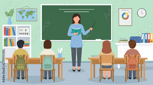 Teacher instructing students in a classroom, education concept