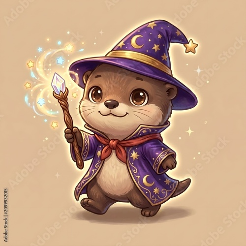Cute baby otter wizard wearing a purple magic hat and holding a wand