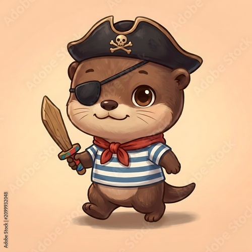 Little otter buccaneer character with a striped shirt and bandana