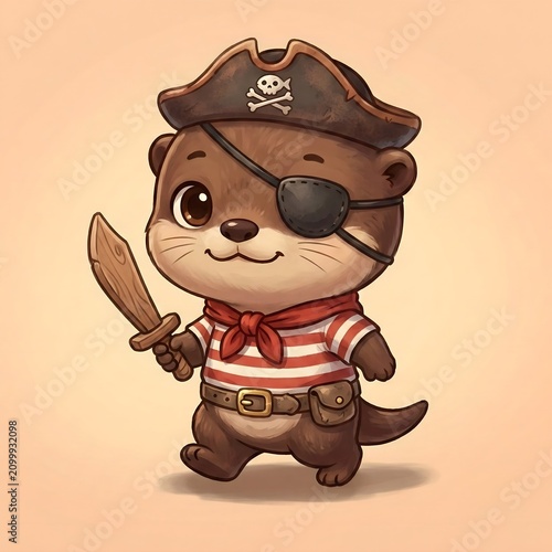 Cute baby otter pirate wearing an eye patch and tricorn hat