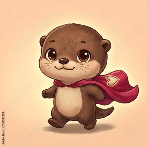 Adorable cartoon superhero otter flying with a red cloak illustration