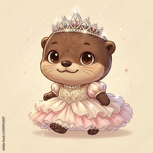 Adorable cartoon otter in a ballerina dress and crown illustration