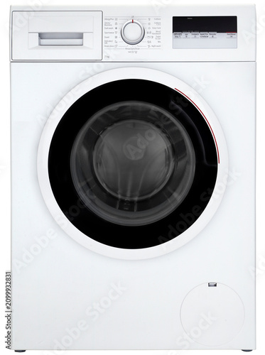 Front loading washing machine isolated on transparent background, household appliance PNG