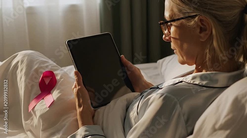 Elderly Woman in Bed Using Tablet with Pink Ribbon for Breast Cancer Awareness in a Warm Home Environment