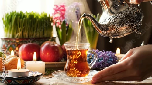 Elegant Close-up of Hand Pouring Tea from Silver Teapot into Glass Cup Surrounded by Fruits and Flowers Creating Inviting Atmosphere