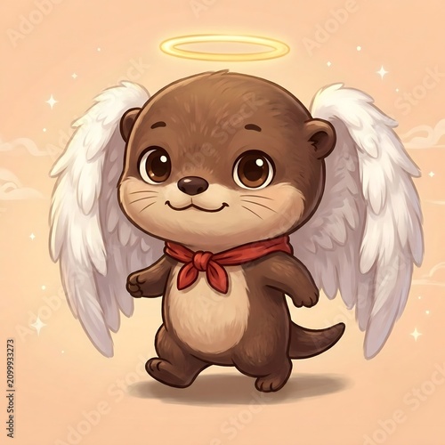 Little otter angel character walking happily illustration