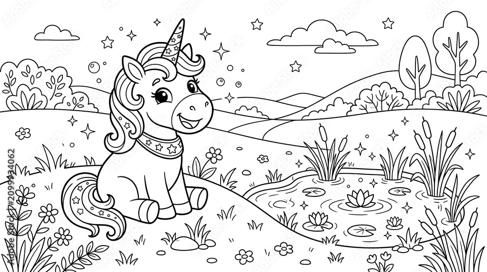 Fototapeta premium Cute unicorn sitting in flowery meadow near water for kids coloring page vector illustration