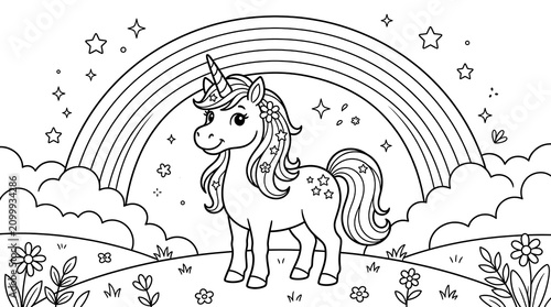 Happy unicorn with flower mane in sunny meadow under rainbow for kids coloring page line art vector illustration for educational creative activity for toddlers