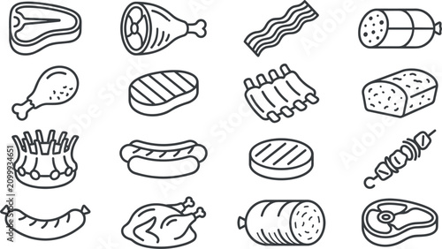 Tableau sur toile Meat and butcher icon set featuring steak, chicken, sausage, bacon, ribs, and barbecue products for restaurant menus and food designs