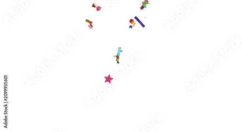 Colorful confetti shapes like stars and circles captured mid-air falling against a transparent studio background with ample negative space joyful celebration atmosphere