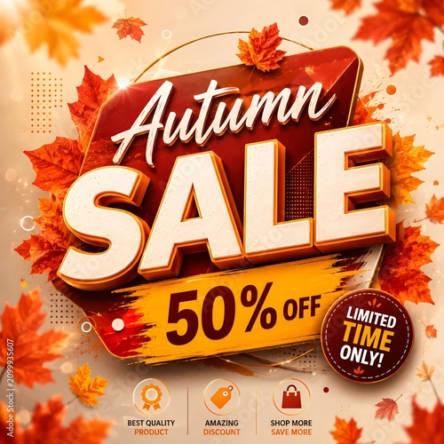 Autumn Season Discount Promotion Template with Maple Leaves and Tag