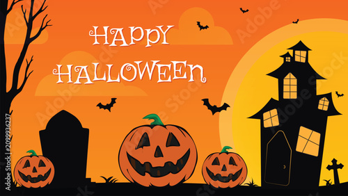 Halloween background, happy festival celebration, creepy orange pumpkin lanterns and haunted house