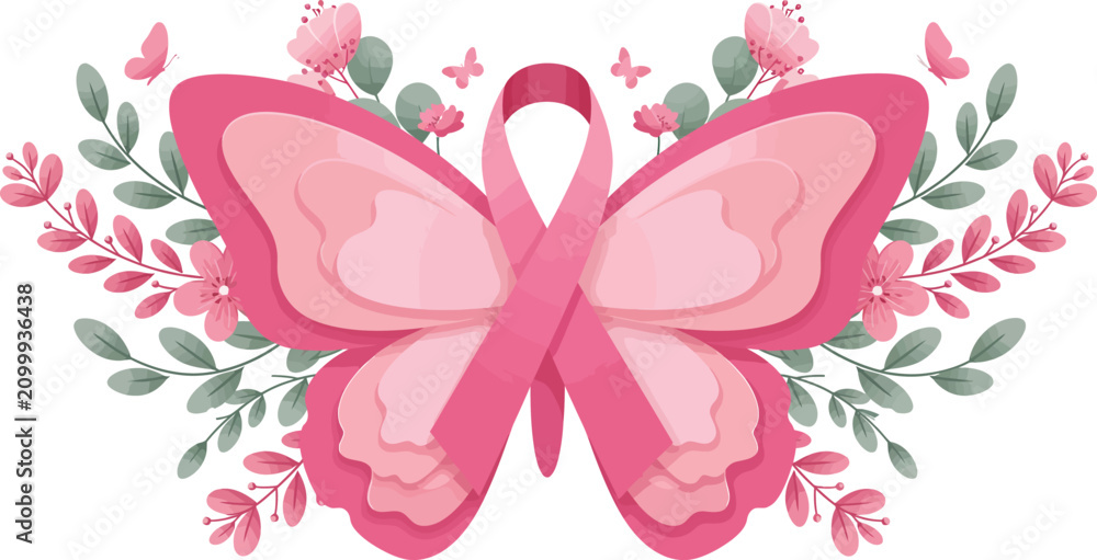 Fototapeta premium A beautiful pink breast cancer awareness ribbon shaped like a butterfly decorated with delicate watercolor flowers and green leaves isolated illustration