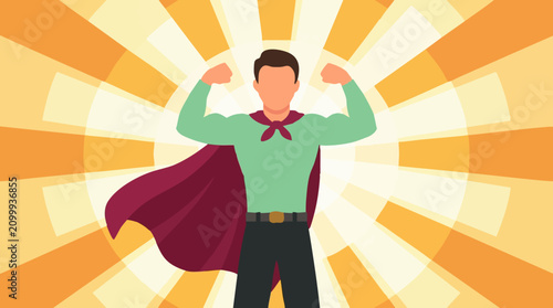 Photos Confident superhero man flexing muscles against a radiant background of success