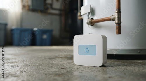 Smart water leak detector placed on a concrete floor near a hot water tank and copper pipe.
