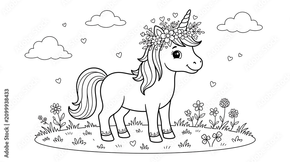 Adorable standing unicorn with floral wreath and clover leaves in sunny meadow line art drawing for kids coloring pages and artistic creative projects