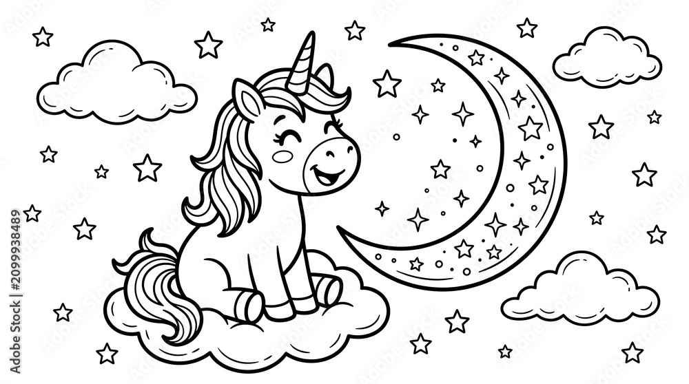 Fototapeta premium Cute unicorn sitting on fluffy cloud with crescent moon and stars in night sky line art drawing for kids coloring page and bedtime stories