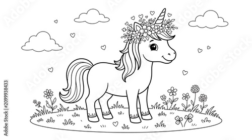 Adorable standing unicorn with floral wreath and clover leaves in sunny meadow line art drawing for kids coloring pages and artistic creative projects
