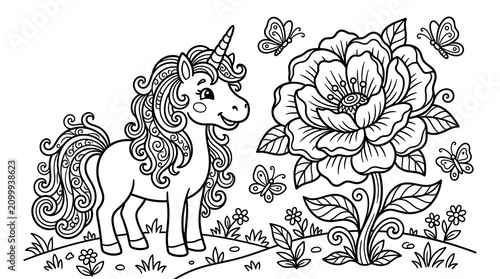 Cute unicorn standing next to giant blooming flower with flying butterflies in garden vector coloring page for kids in clean black and white line art