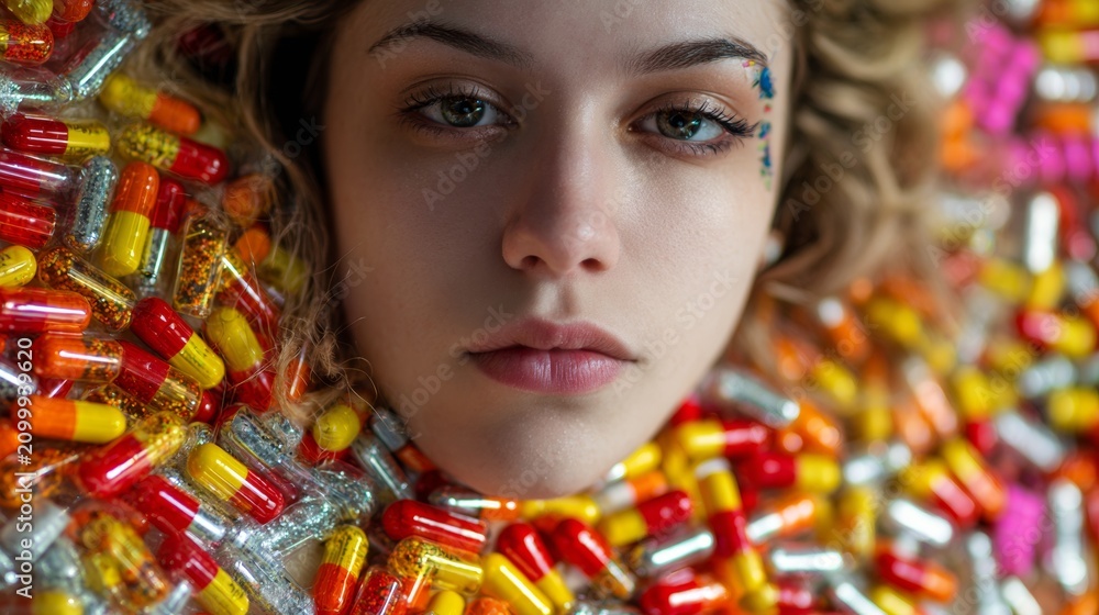 Fototapeta premium Portrait of Woman Surrounded by Colorful Capsules