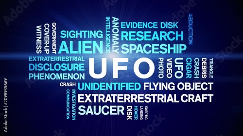 UFO animated word cloud-Unidentified Flying Object animation tag kinetic typography seamless loop.