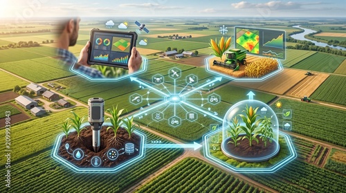A digital representation of smart agriculture technology improving crop management and efficiency in farming.