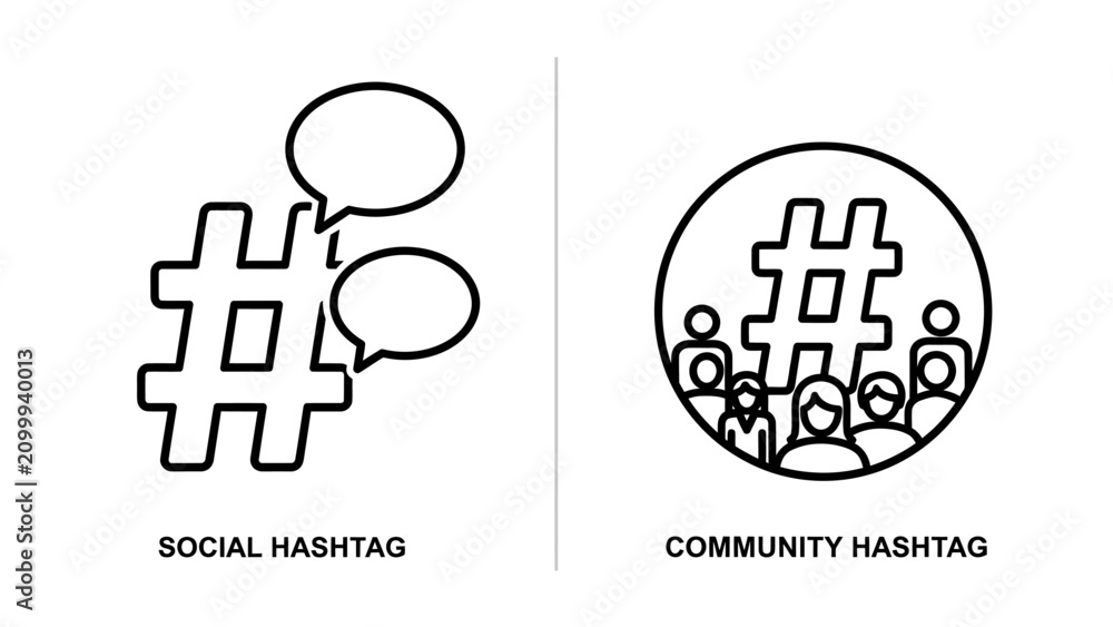 Fototapeta premium Social media and community hashtag icons with speech bubbles and group people