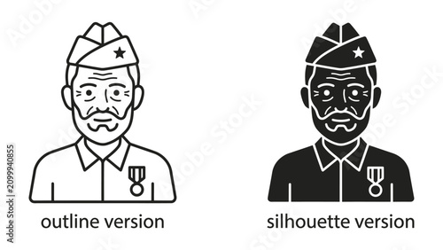 Konstfotografi Veteran Officer Portrait: A distinguished military officer, depicted in both outline and silhouette styles, wearing a cap with a star emblem and a medal, representing honor and service