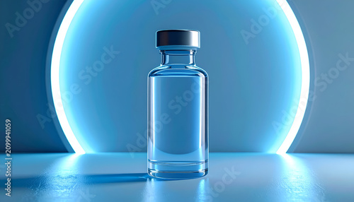 Clear glass vial with metallic cap filled with clear liquid against a bright blue glowing ring and reflective surface