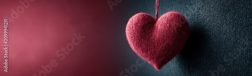 Red heart hanging from a red string banner copy space love background