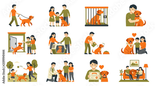 People and their pet dogs together.