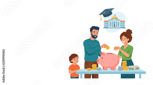 A family with a child deposits coins into a piggy bank on a table, symbolizing saving for education with a university building and graduation cap overhead against a white background