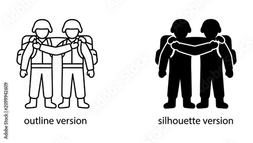 Canvastavla Soldiers Arm in Arm: Two soldiers stand with arms linked, representing unity and camaraderie, shown in both outline and silhouette versions for versatile design use