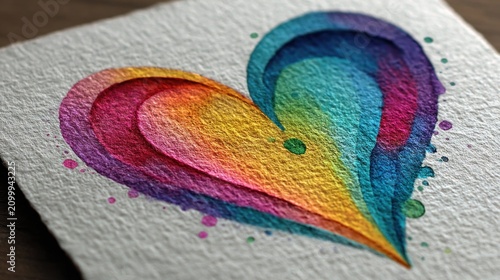 Brightly colored heart on a piece of paper with watercolor paint