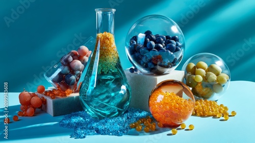 Laboratory Glassware with Colorful Capsules and Granules