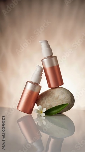 Two blank rose gold pump bottles mockup balanced on a zen stone