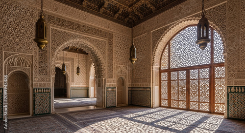 Ornate Moroccan Interior with Arched Windows and Lanterns