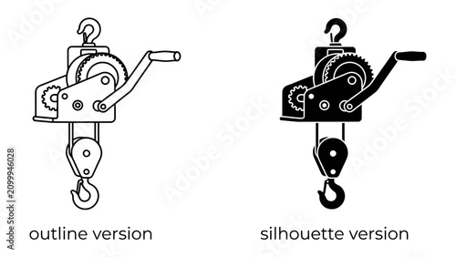 Bild auf Leinwand Winch and Pulley Systems: A graphic representation showcasing both an outline and a silhouette version of a winch with a pulley and hook, illustrating mechanical lifting and pulling mechanisms