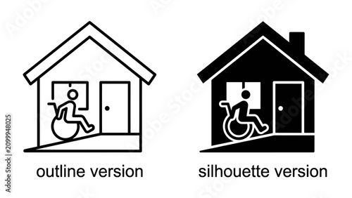 Accessible Housing Icons: Two graphic representations of a house featuring a ramp and a person in a wheelchair, illustrating accessibility and inclusive design for people with disabilities.
