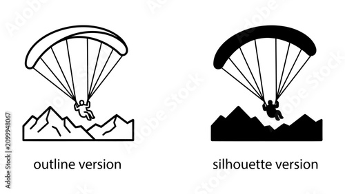 Quadro su tela Paragliding Duo: Two distinct paragliding icons, one an outline and the other a silhouette, showcase the thrill of soaring above mountainous terrain