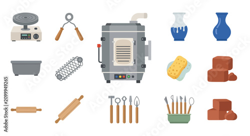 Pottery and ceramic making tools set with kiln and sculpting equipment