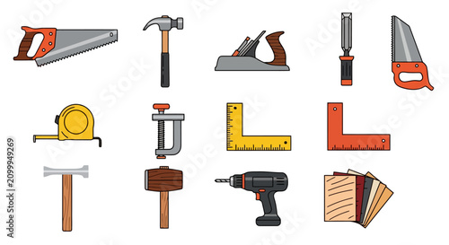 Woodworking hand tools set for carpentry and construction projects.